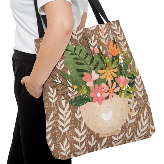 Mug with Spring Bouquet on Tan Fern Pattern Large Tote Bag - Fresh Floral-Inspired Accessory - Eddy and Rita