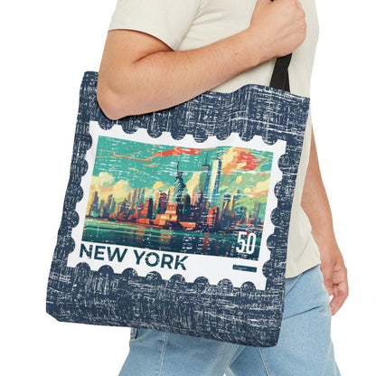 New York City Stamp Large Tote Bag - Iconic Big Apple Skyline on Blue Canvas - Eddy and Rita