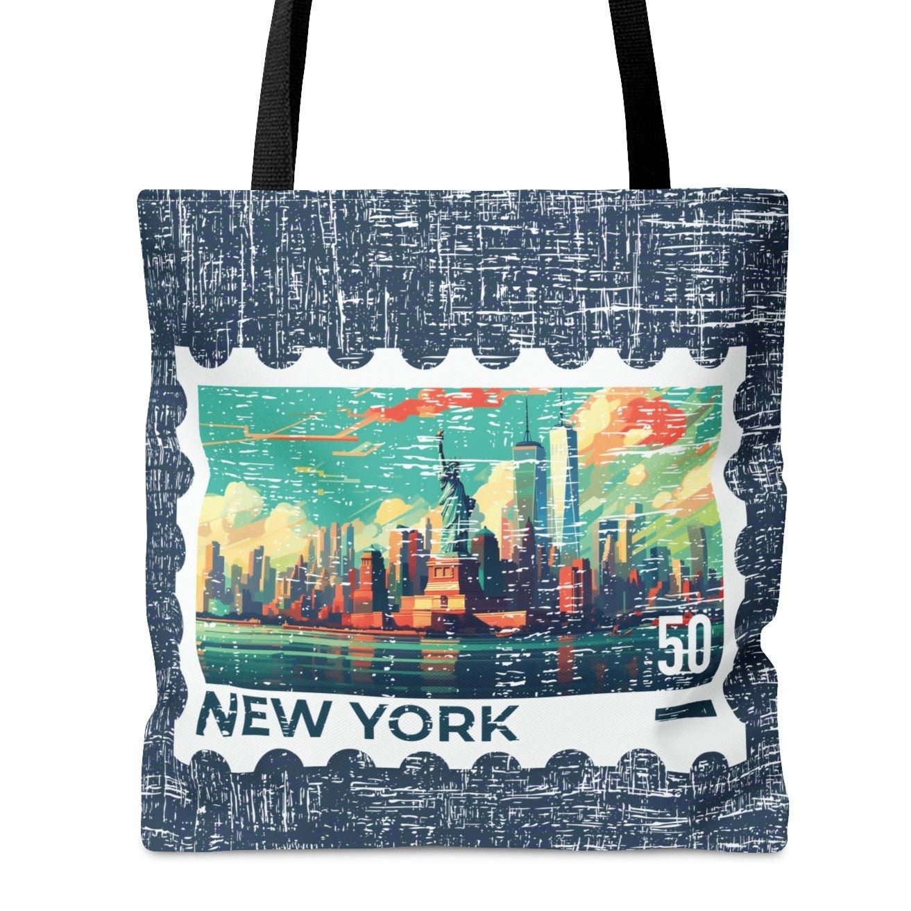 New York City Stamp Large Tote Bag - Iconic Big Apple Skyline on Blue Canvas - Eddy and Rita