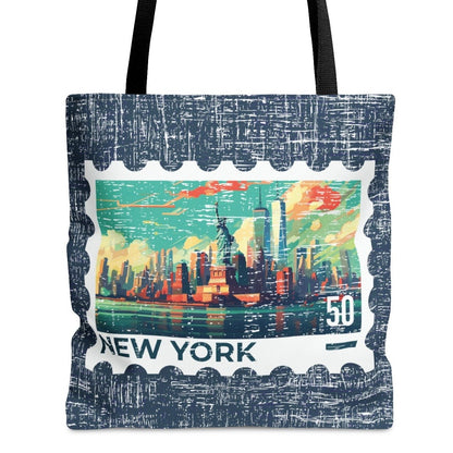 New York City Stamp Large Tote Bag - Iconic Big Apple Skyline on Blue Canvas - Eddy and Rita