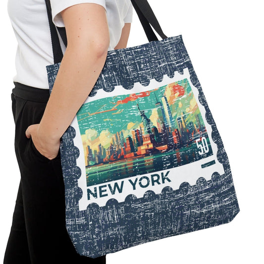 New York City Stamp Large Tote Bag - Iconic Big Apple Skyline on Blue Canvas - Eddy and Rita