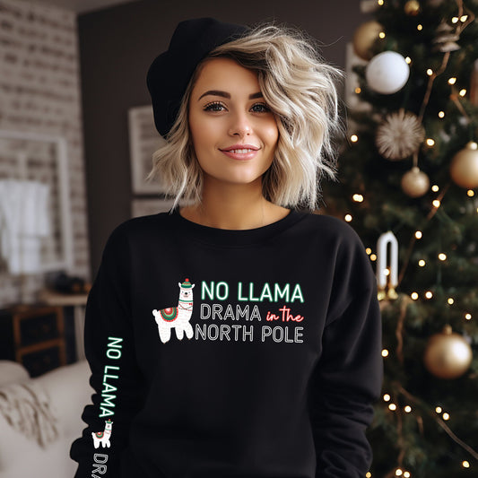 No Llama Drama in the North Pole: Christmas Llama Women's Sweatshirt with Unique Arm Detail - Eddy and Rita