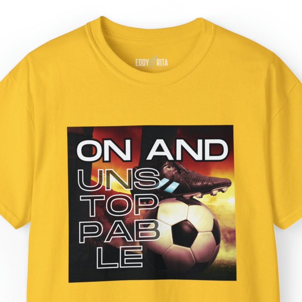 On and Unstoppable Men's Soccer Tee - Soccer Ball Athletic T-Shirt - Eddy and Rita