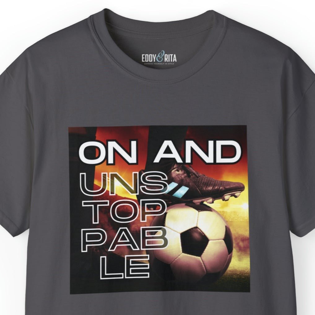 On and Unstoppable Men's Soccer Tee - Soccer Ball Athletic T-Shirt - Eddy and Rita