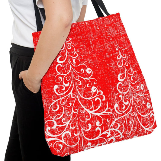 Ornate Christmas Trees Large Tote Bag: Festive Red Holiday Shopping Bag - Eddy and Rita