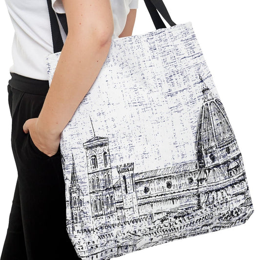 Parisian Building Sketch Large Tote Bag - Elegant Monochromatic Cityscape Design - Eddy and Rita