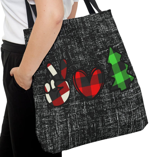 Peace, Love, and Christmas Symbols on Black Large Tote Bag: Festive Holiday Carryall - Eddy and Rita