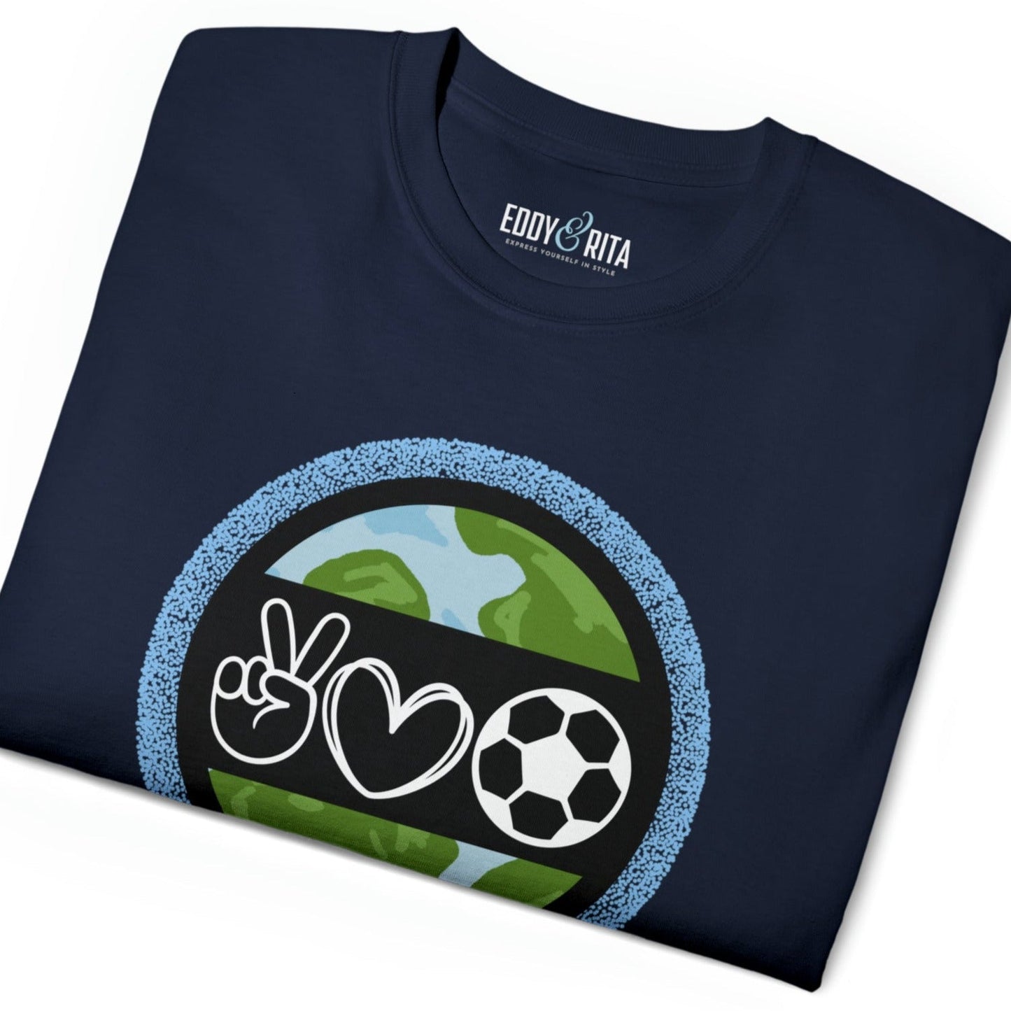 Peace, Love, and Soccer World Symbols Unisex Tee - Global Football Enthusiast Shirt - Eddy and Rita