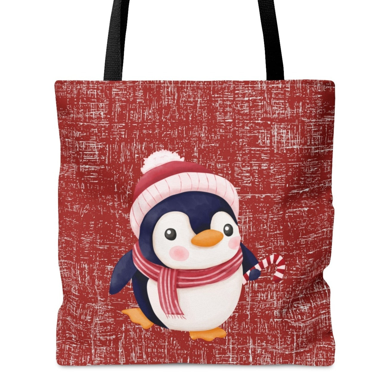 Penguin in Scarf on Red Large Tote Bag: Festive Winter Wildlife Carryall - Eddy and Rita