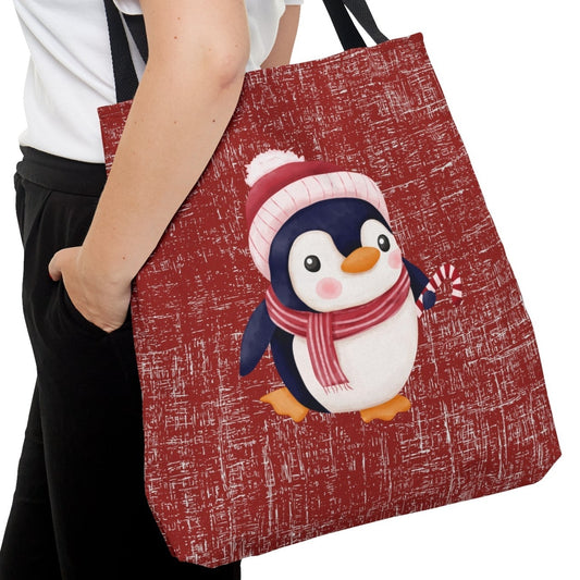 Penguin in Scarf on Red Large Tote Bag: Festive Winter Wildlife Carryall - Eddy and Rita