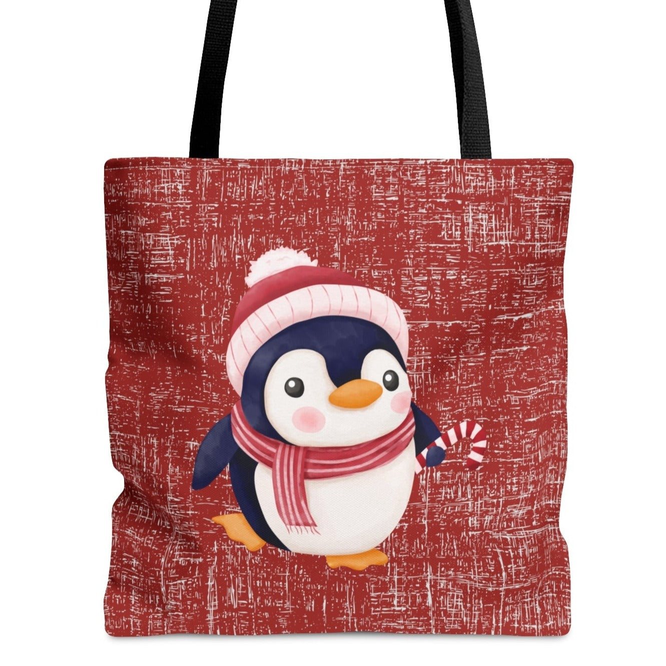 Penguin in Scarf on Red Large Tote Bag: Festive Winter Wildlife Carryall - Eddy and Rita