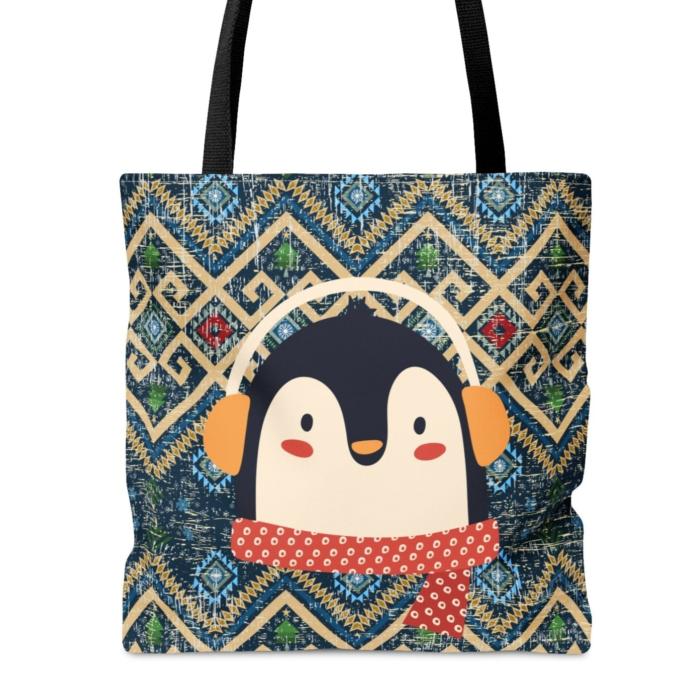 Penguin with Earmuffs Large Tote: Cozy Winter Bird on Patterned Background - Eddy and Rita