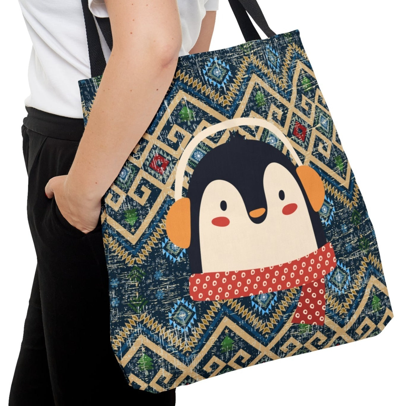 Penguin with Earmuffs Large Tote: Cozy Winter Bird on Patterned Background - Eddy and Rita