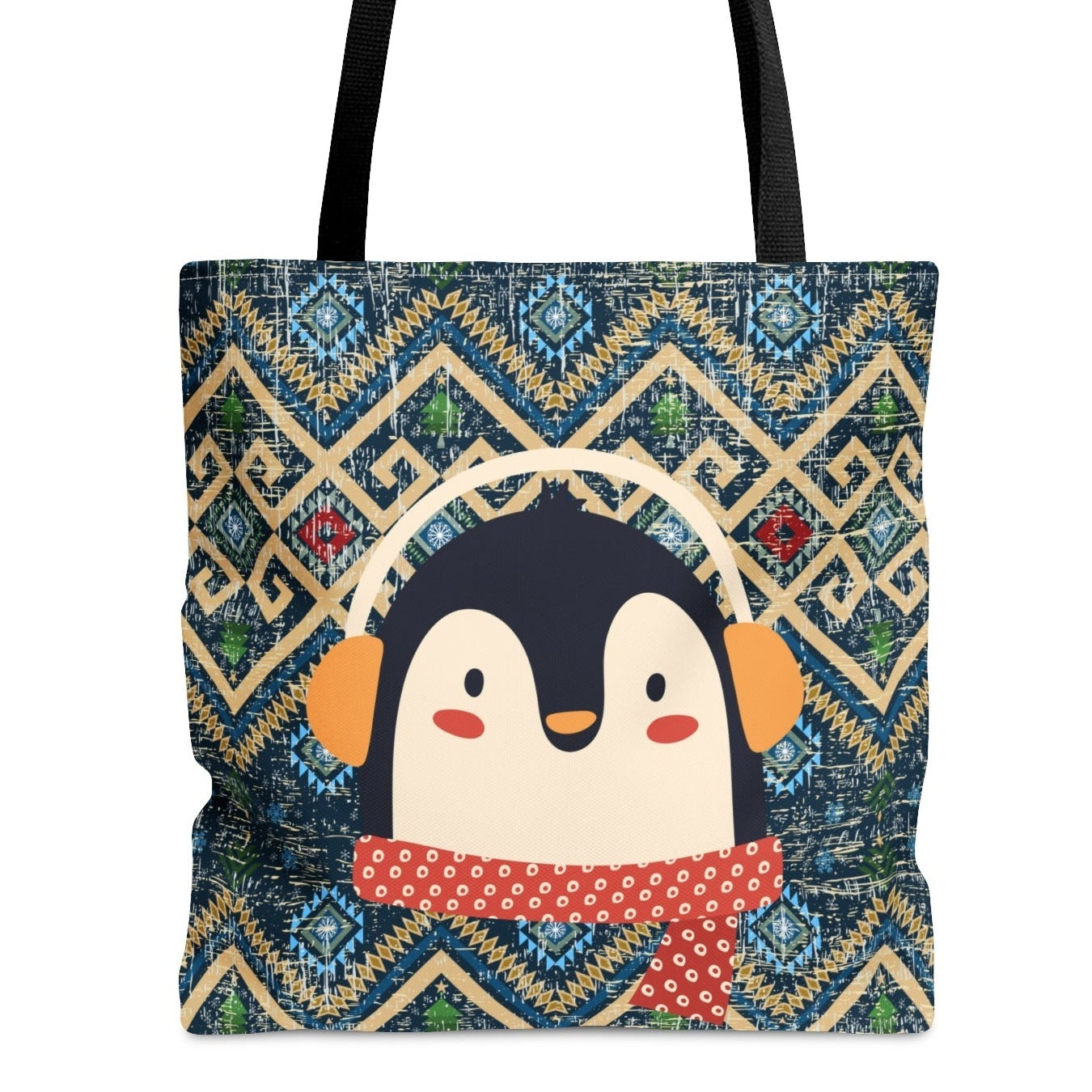 Penguin with Earmuffs Large Tote: Cozy Winter Bird on Patterned Background - Eddy and Rita