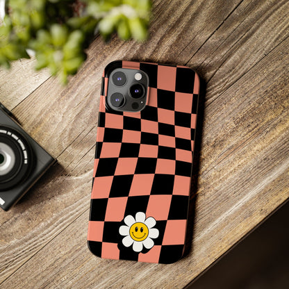 Pink and Black Checked Background with Happy Daisy iPhone Slim Phone Case - Eddy and Rita