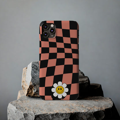 Pink and Black Checked Background with Happy Daisy iPhone Slim Phone Case - Eddy and Rita