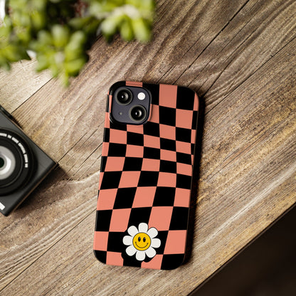 Pink and Black Checked Background with Happy Daisy iPhone Slim Phone Case - Eddy and Rita