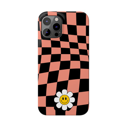 Pink and Black Checked Background with Happy Daisy iPhone Slim Phone Case - Eddy and Rita