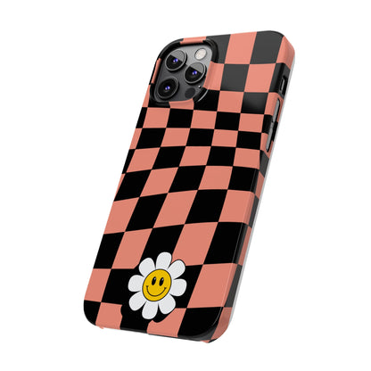 Pink and Black Checked Background with Happy Daisy iPhone Slim Phone Case - Eddy and Rita