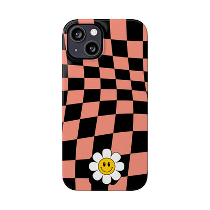 Pink and Black Checked Background with Happy Daisy iPhone Slim Phone Case - Eddy and Rita