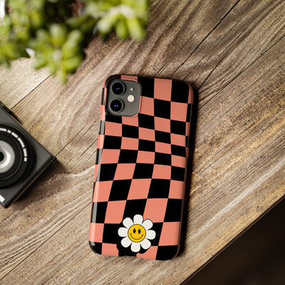 Pink and Black Checked Background with Happy Daisy iPhone Slim Phone Case - Eddy and Rita