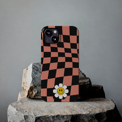 Pink and Black Checked Background with Happy Daisy iPhone Slim Phone Case - Eddy and Rita