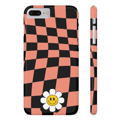 Pink and Black Checked Background with Happy Daisy iPhone Slim Phone Case - Eddy and Rita