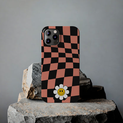 Pink and Black Checked Background with Happy Daisy iPhone Slim Phone Case - Eddy and Rita