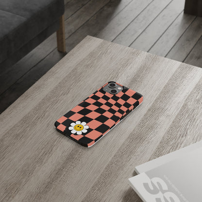 Pink and Black Checked Background with Happy Daisy iPhone Slim Phone Case - Eddy and Rita