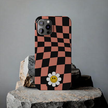 Pink and Black Checked Background with Happy Daisy iPhone Slim Phone Case - Eddy and Rita