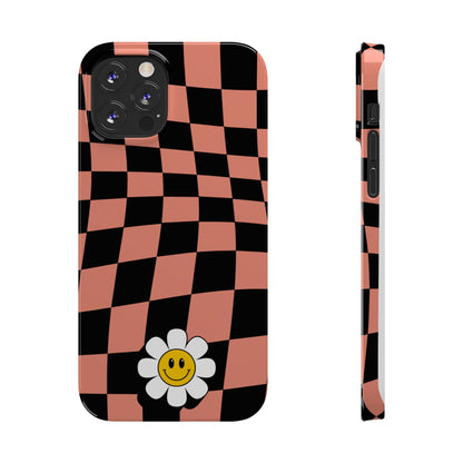 Pink and Black Checked Background with Happy Daisy iPhone Slim Phone Case - Eddy and Rita