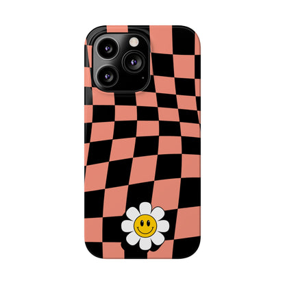 Pink and Black Checked Background with Happy Daisy iPhone Slim Phone Case - Eddy and Rita