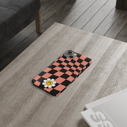 Pink and Black Checked Background with Happy Daisy iPhone Slim Phone Case - Eddy and Rita