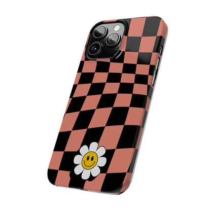 Pink and Black Checked Background with Happy Daisy iPhone Slim Phone Case - Eddy and Rita