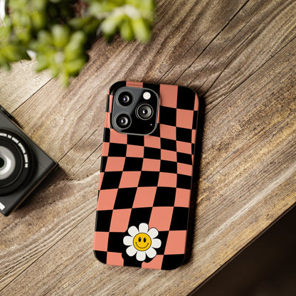 Pink and Black Checked Background with Happy Daisy iPhone Slim Phone Case - Eddy and Rita