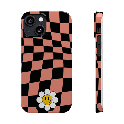 Pink and Black Checked Background with Happy Daisy iPhone Slim Phone Case - Eddy and Rita