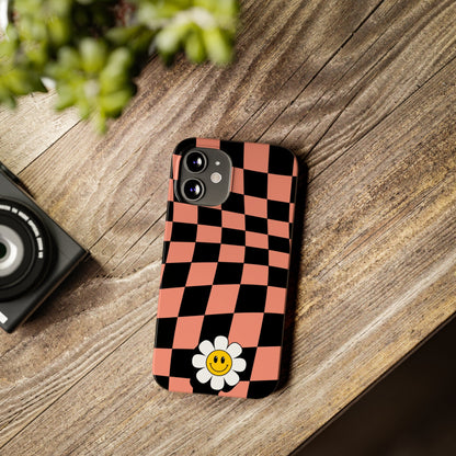 Pink and Black Checked Background with Happy Daisy iPhone Slim Phone Case - Eddy and Rita