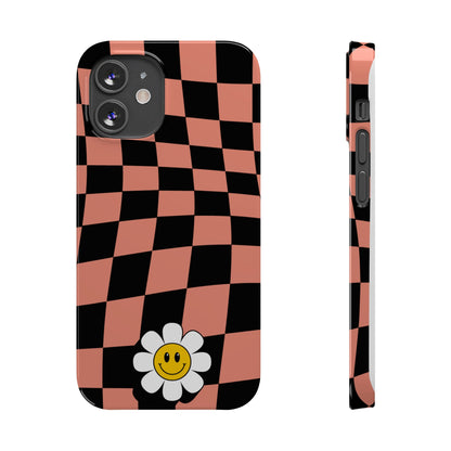 Pink and Black Checked Background with Happy Daisy iPhone Slim Phone Case - Eddy and Rita