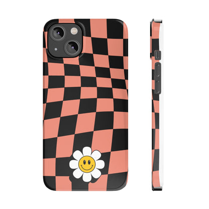 Pink and Black Checked Background with Happy Daisy iPhone Slim Phone Case - Eddy and Rita