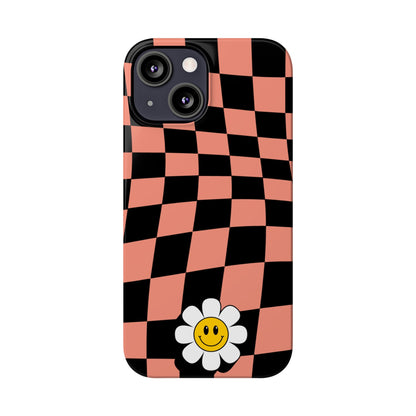 Pink and Black Checked Background with Happy Daisy iPhone Slim Phone Case - Eddy and Rita