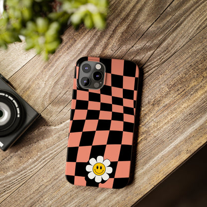 Pink and Black Checked Background with Happy Daisy iPhone Slim Phone Case - Eddy and Rita