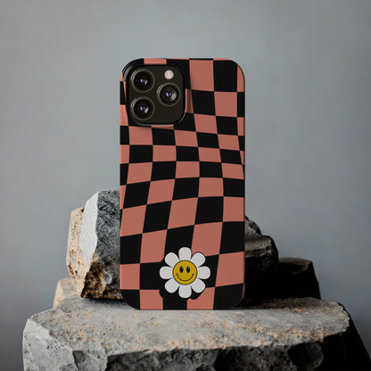 Pink and Black Checked Background with Happy Daisy iPhone Slim Phone Case - Eddy and Rita