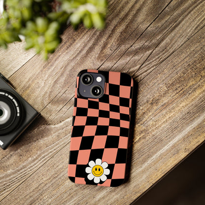 Pink and Black Checked Background with Happy Daisy iPhone Slim Phone Case - Eddy and Rita