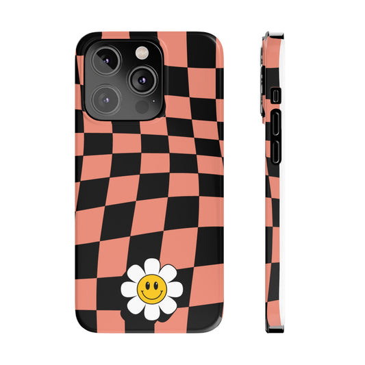 Pink and Black Checked Background with Happy Daisy iPhone Slim Phone Case - Eddy and Rita