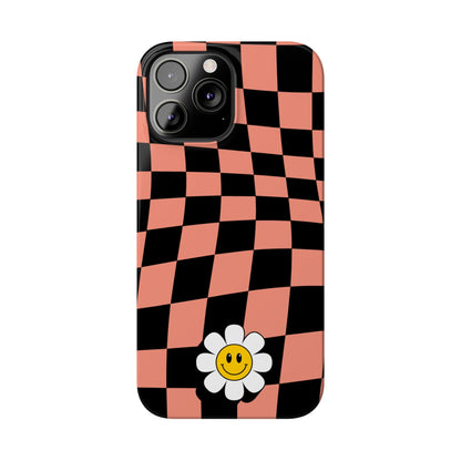 Pink and Black Checked Background with Happy Daisy iPhone Slim Phone Case - Eddy and Rita