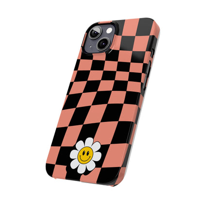 Pink and Black Checked Background with Happy Daisy iPhone Slim Phone Case - Eddy and Rita