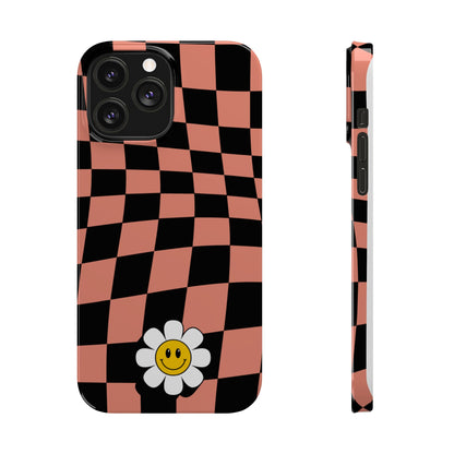 Pink and Black Checked Background with Happy Daisy iPhone Slim Phone Case - Eddy and Rita