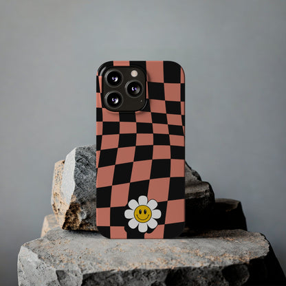 Pink and Black Checked Background with Happy Daisy iPhone Slim Phone Case - Eddy and Rita