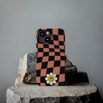 Pink and Black Checked Background with Happy Daisy iPhone Slim Phone Case - Eddy and Rita