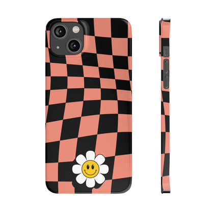 Pink and Black Checked Background with Happy Daisy iPhone Slim Phone Case - Eddy and Rita